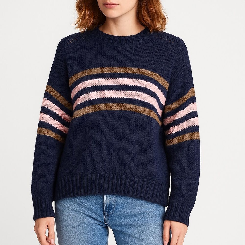 Xirena Whistler Apres Ski Sweater Navy Pink Stripe Alpaca Wool Blend Size Medium